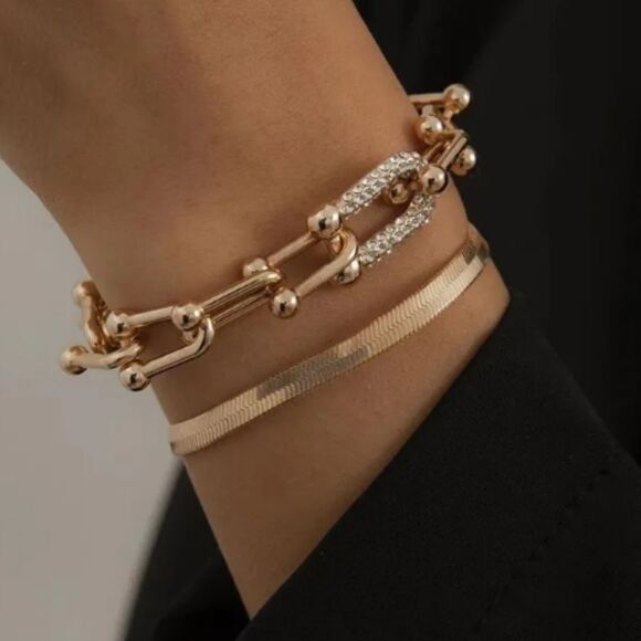 Gold U Link Zircon Bracelet with Gold Bracelet - Picture 1 of 4